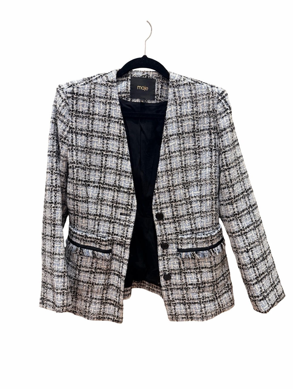 Maje Black, light blue and  White Tweed Blazer with Faux-Piped Pockets